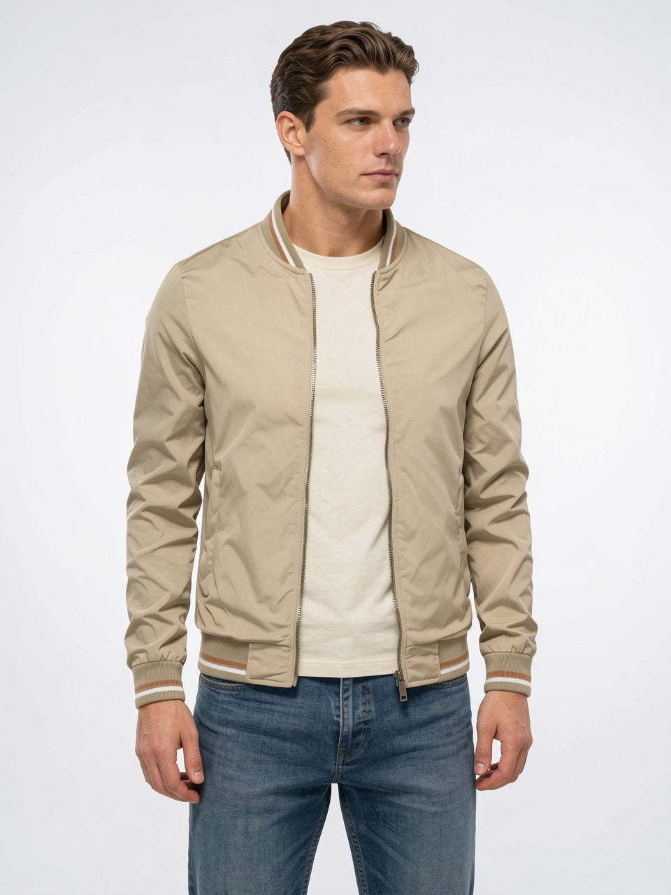 Blouson Bomber Homme Zippé Confortable Col Côtelé - Beige M
