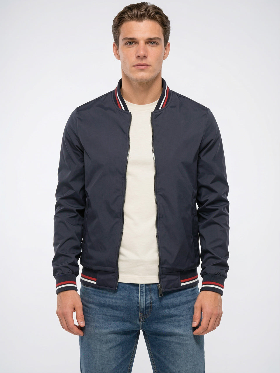 Blouson Bomber Homme Zippé Confortable Col Côtelé - Bleu Marine M