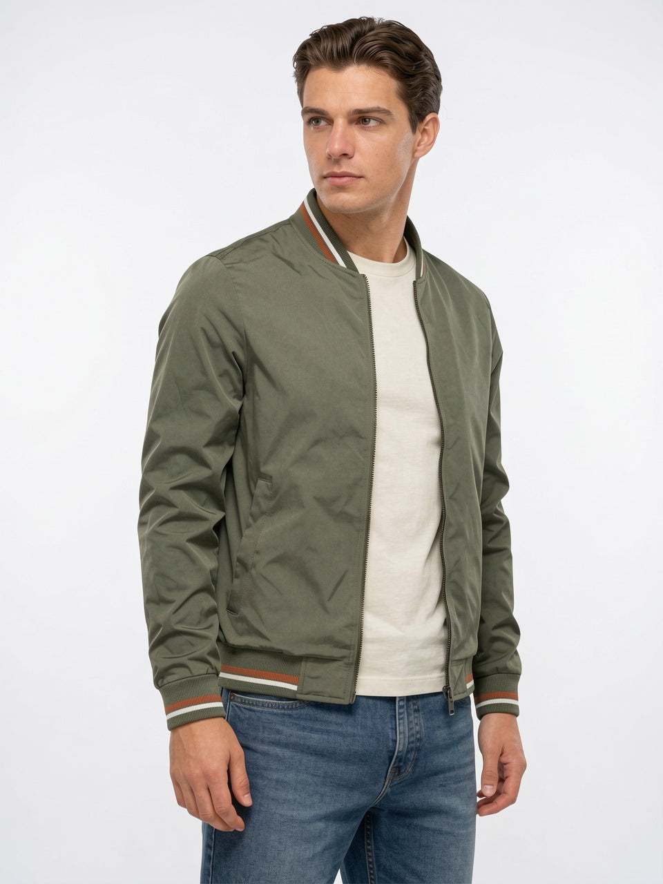 Blouson Bomber Homme Zippé Confortable Col Côtelé - Vert Kaki M