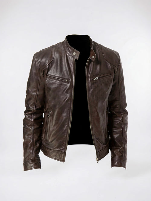 Blouson Moto Veste Cuir Homme Zippé Confortable Moderne - Marron XS