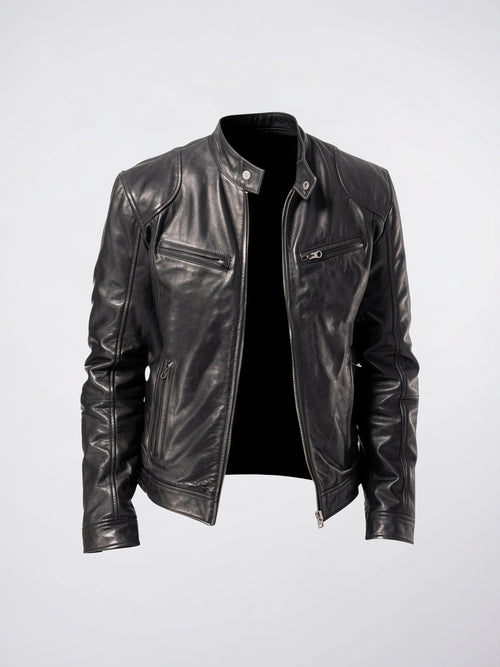 Blouson Moto Veste Cuir Homme Zippé Confortable Moderne - Noir XS