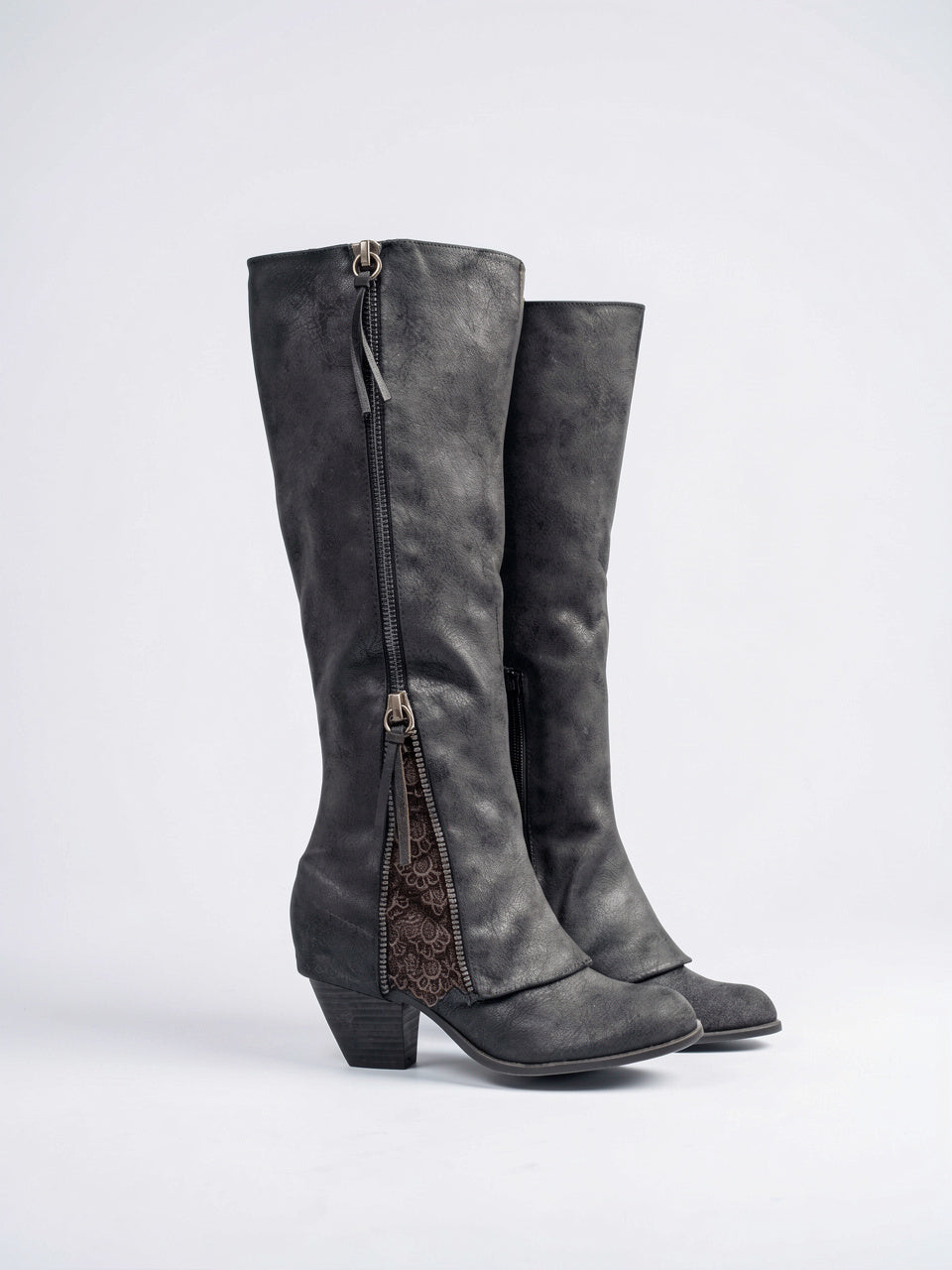 Bottes Cavalières Bicolore Genou Suédine Zippé Talon - Noir EU 35 / US 4 / UK 2.5