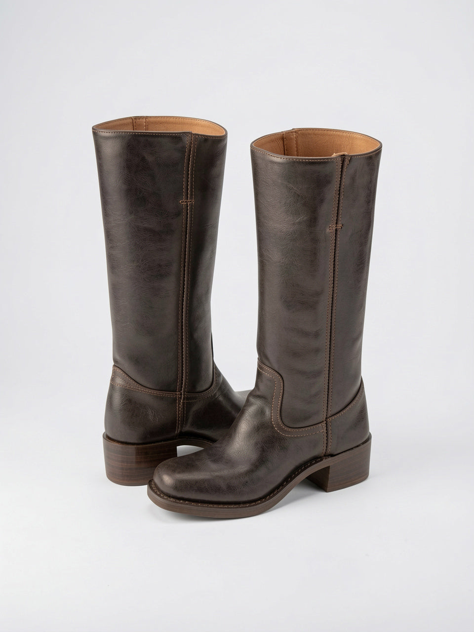 Bottes Hautes Cuir Végan Talon Bout Rond - Marron Foncé EU 36 / US 5.5 / UK 3.5