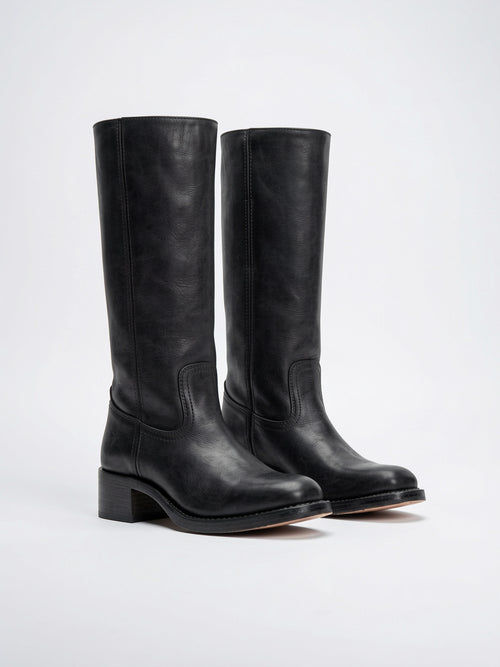 Bottes Hautes Cuir Végan Talon Bout Rond - Noir EU 36 / US 5.5 / UK 3.5