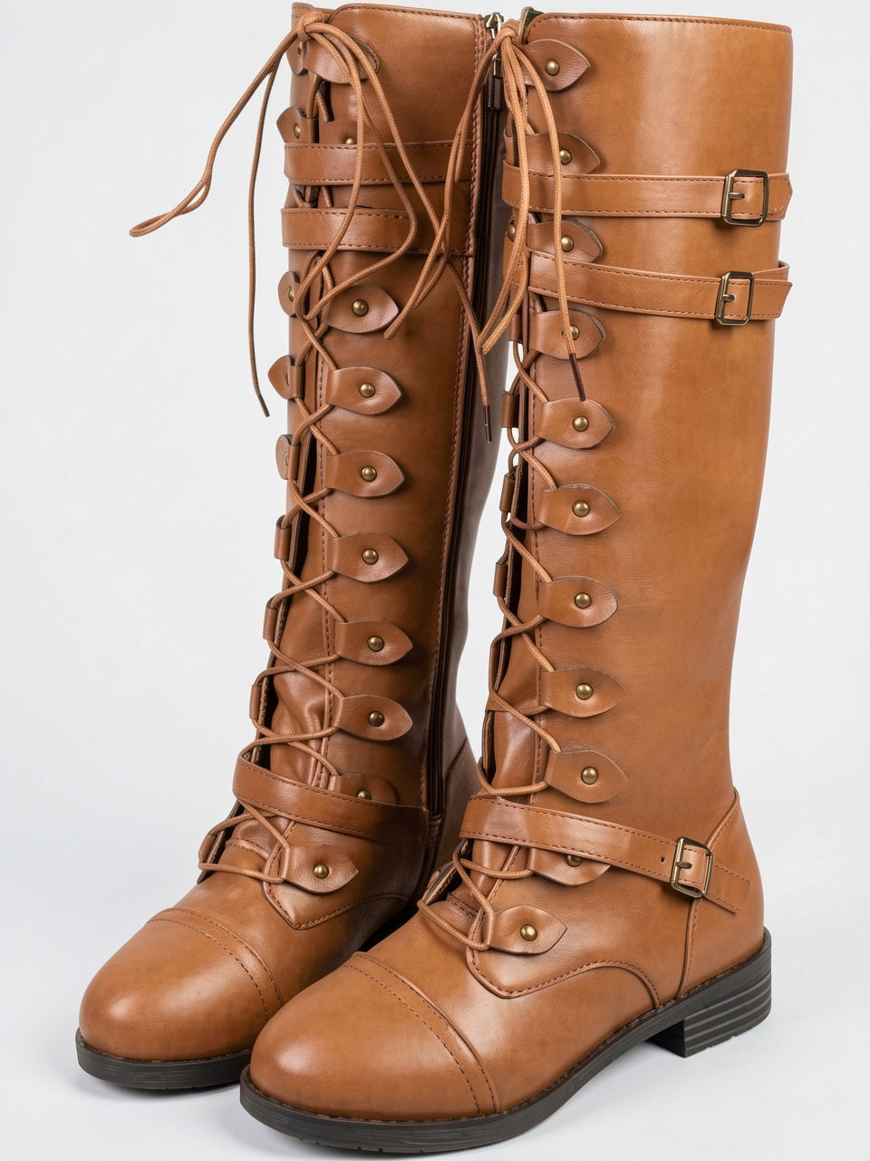 Bottes Montantes Cuir Femme Lacées Détails Boucle Talon - Marron EU 36 / US 5 / UK 3.5