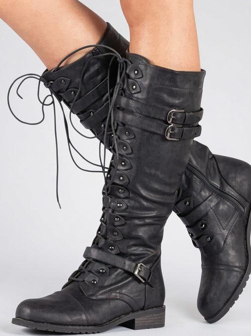 Bottes Montantes Cuir Femme Lacées Détails Boucle Talon - Noir EU 36 / US 5 / UK 3.5