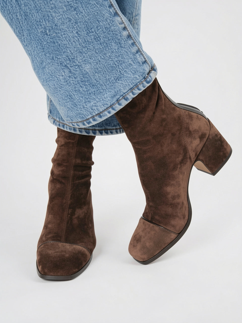 Bottines Femme Bout Carré Suédine Talon Bloc Cheville - Marron Foncé EU 35 / US 4 / UK 2.5