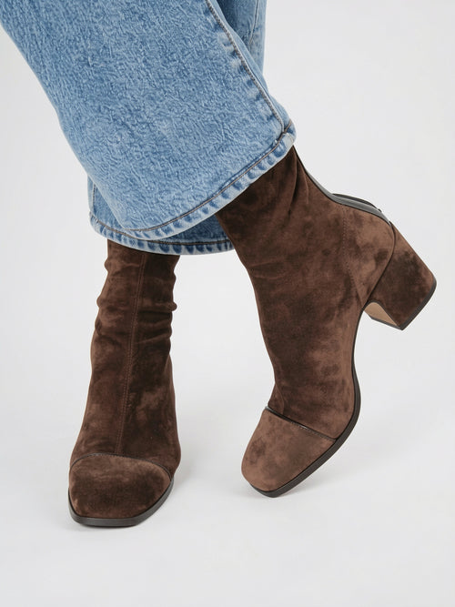Bottines Femme Bout Carré Suédine Talon Bloc Cheville - Marron Foncé EU 35 / US 4 / UK 2.5