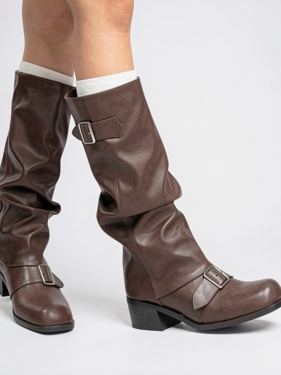 Femme Bottes Slouchy Genou Boucle Talon Bloc Confort - 3