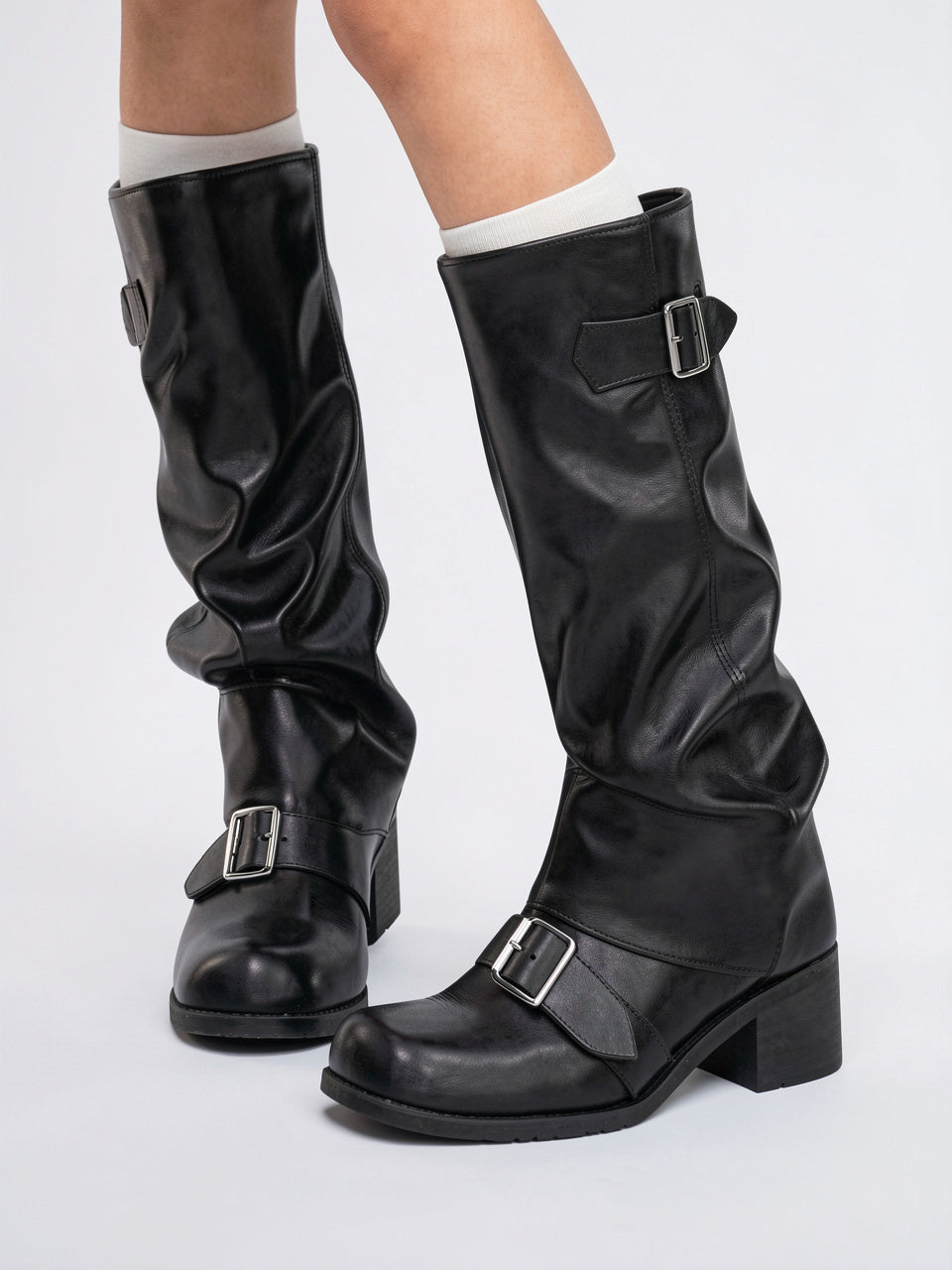 Femme Bottes Slouchy Genou Boucle Talon Bloc Confort - Noir EU 35 / US 4 / UK 2.5