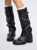 Femme Bottes Slouchy Genou Boucle Talon Bloc Confort - Noir EU 35 / US 4 / UK 2.5