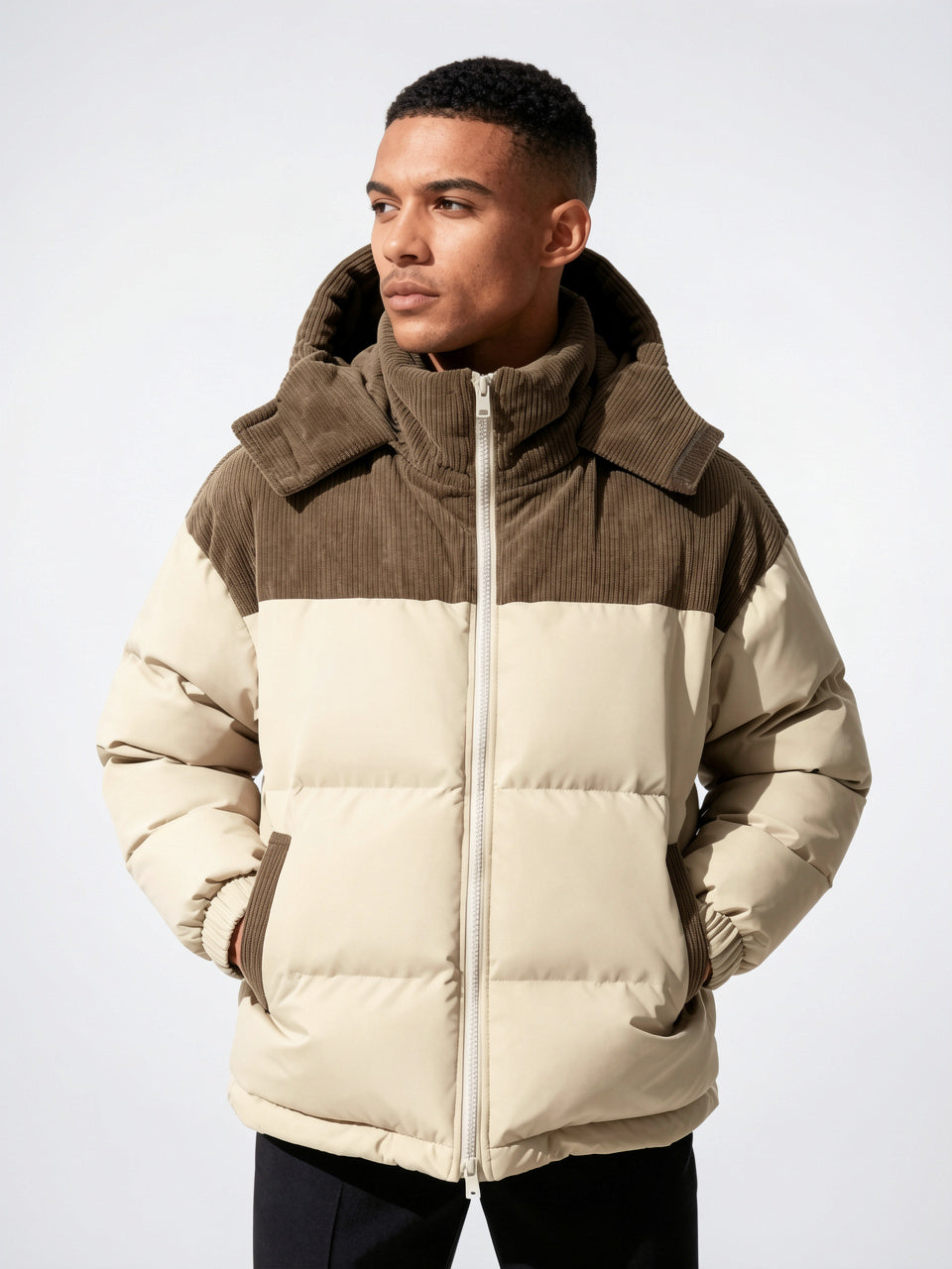 Hiver Doudoune Homme Bicolore Zippée Capuche Côtelé Velours - 2