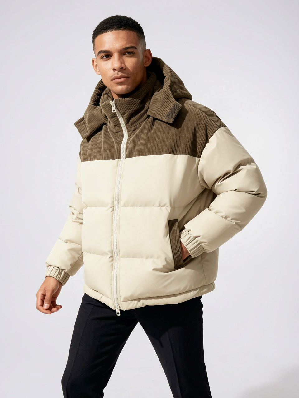 Hiver Doudoune Homme Bicolore Zippée Capuche Côtelé Velours - 3