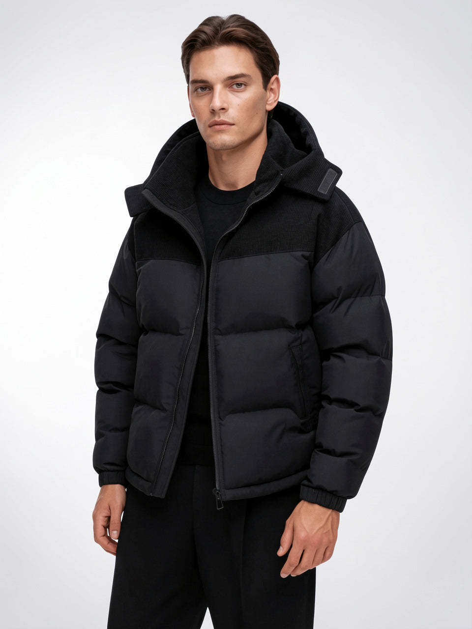 Hiver Doudoune Homme Bicolore Zippée Capuche Côtelé Velours - 6