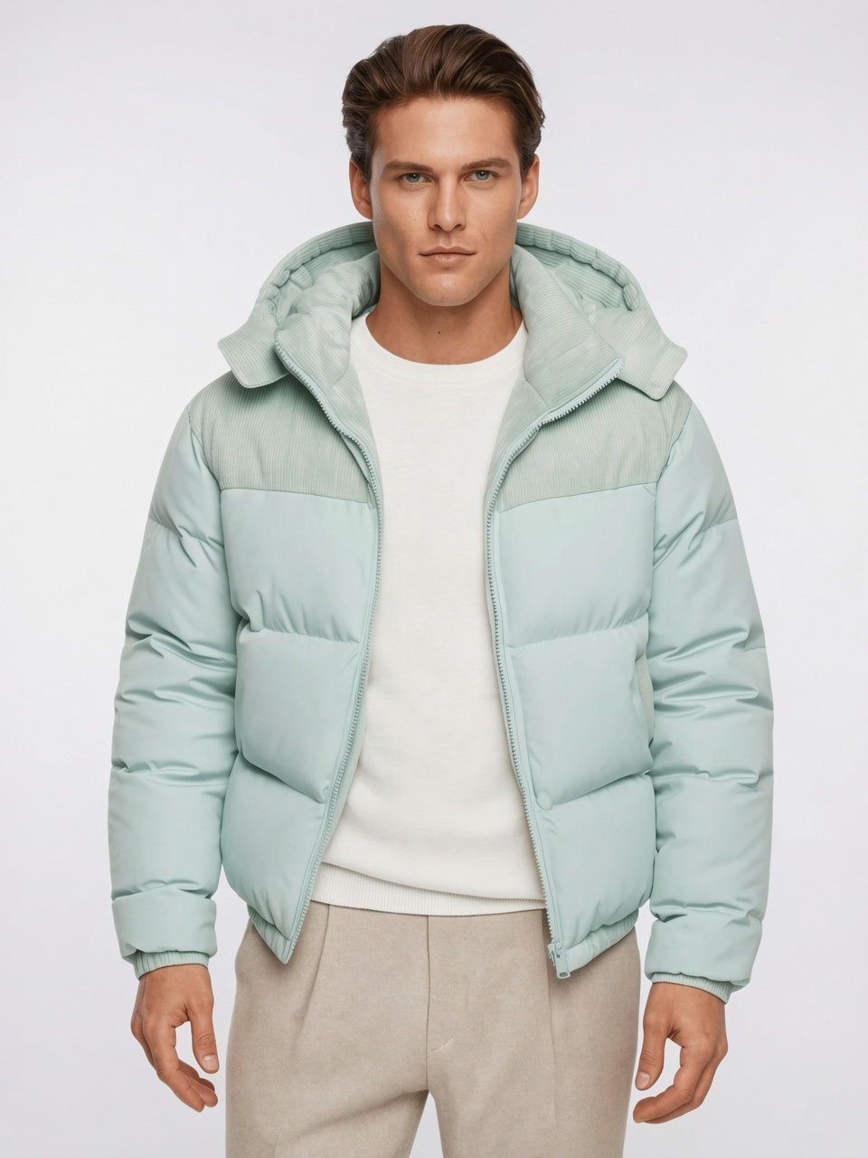 Hiver Doudoune Homme Bicolore Zippée Capuche Côtelé Velours - 9