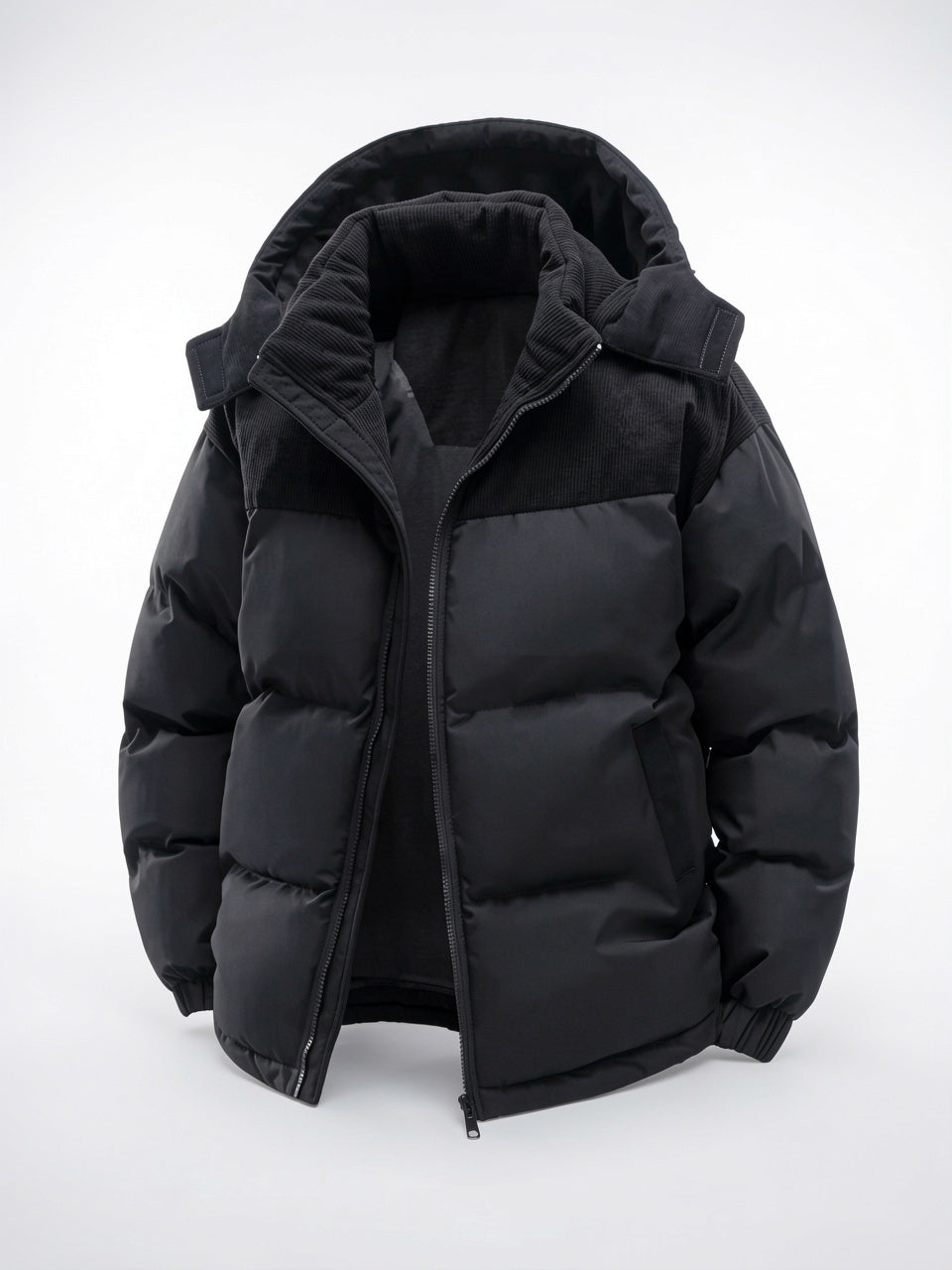 Hiver Doudoune Homme Bicolore Zippée Capuche Côtelé Velours - Noir S