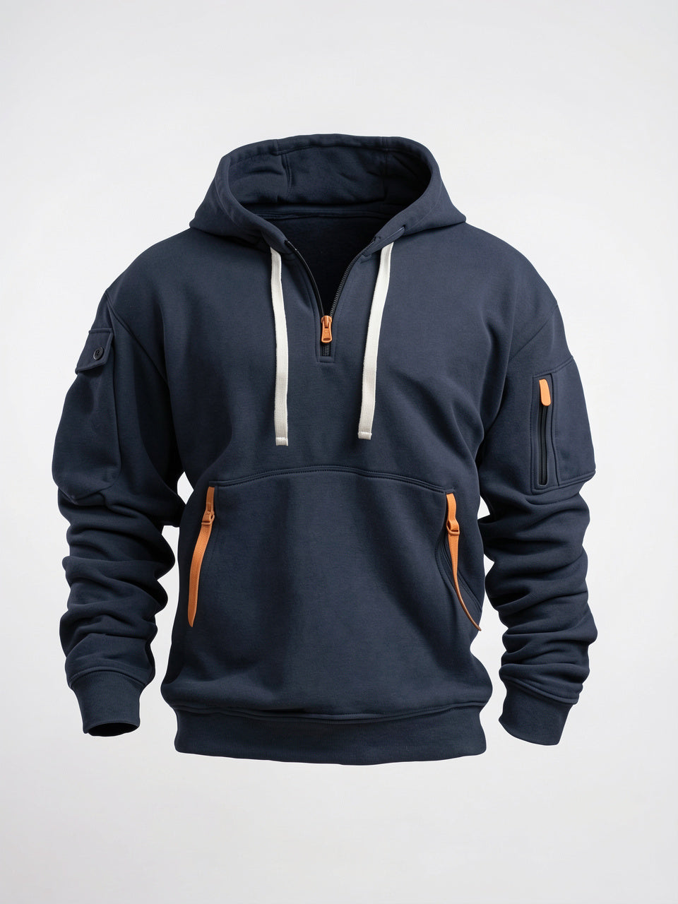 Hoodie Homem Capuche Poche Manche Zippée Col Quart - Bleu Marine S