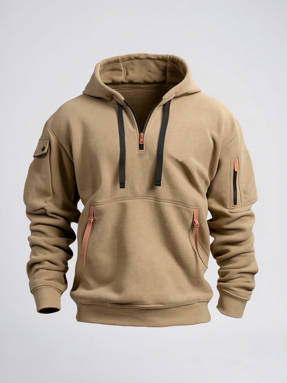 Hoodie Homem Capuche Poche Manche Zippée Col Quart - Kaki S