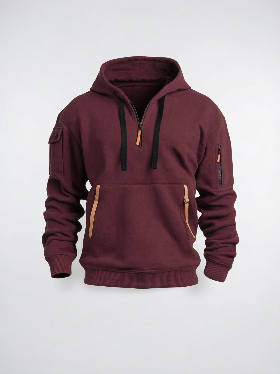 Hoodie Homem Capuche Poche Manche Zippée Col Quart - Rouge Foncé S
