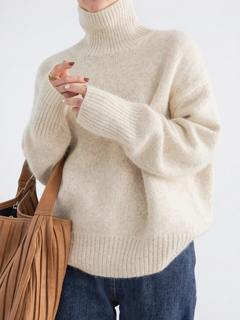Luxe Cachemire Pull Col Roulé Femme Tricot Hiver - Beige S