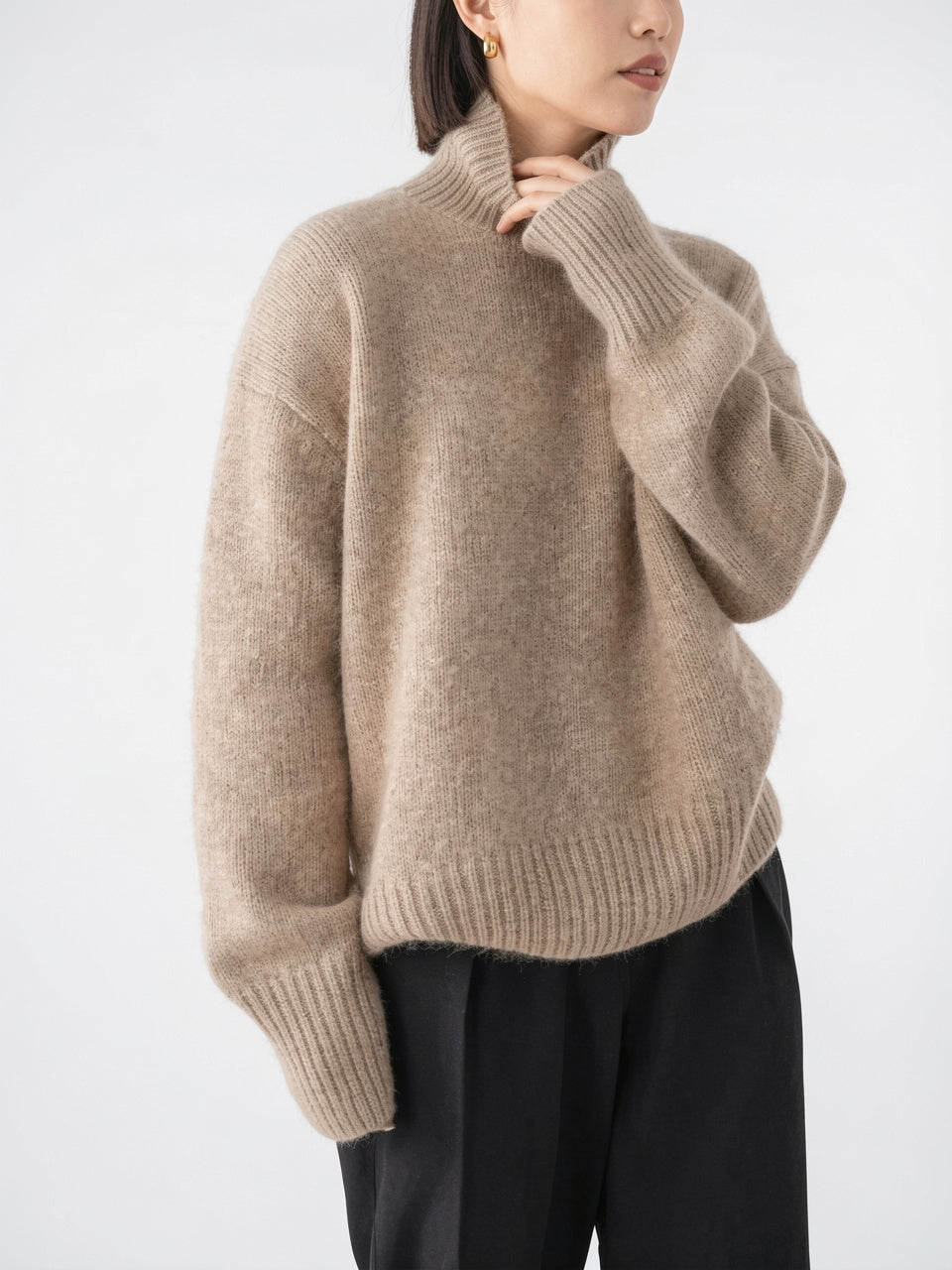 Luxe Cachemire Pull Col Roulé Femme Tricot Hiver - Kaki S