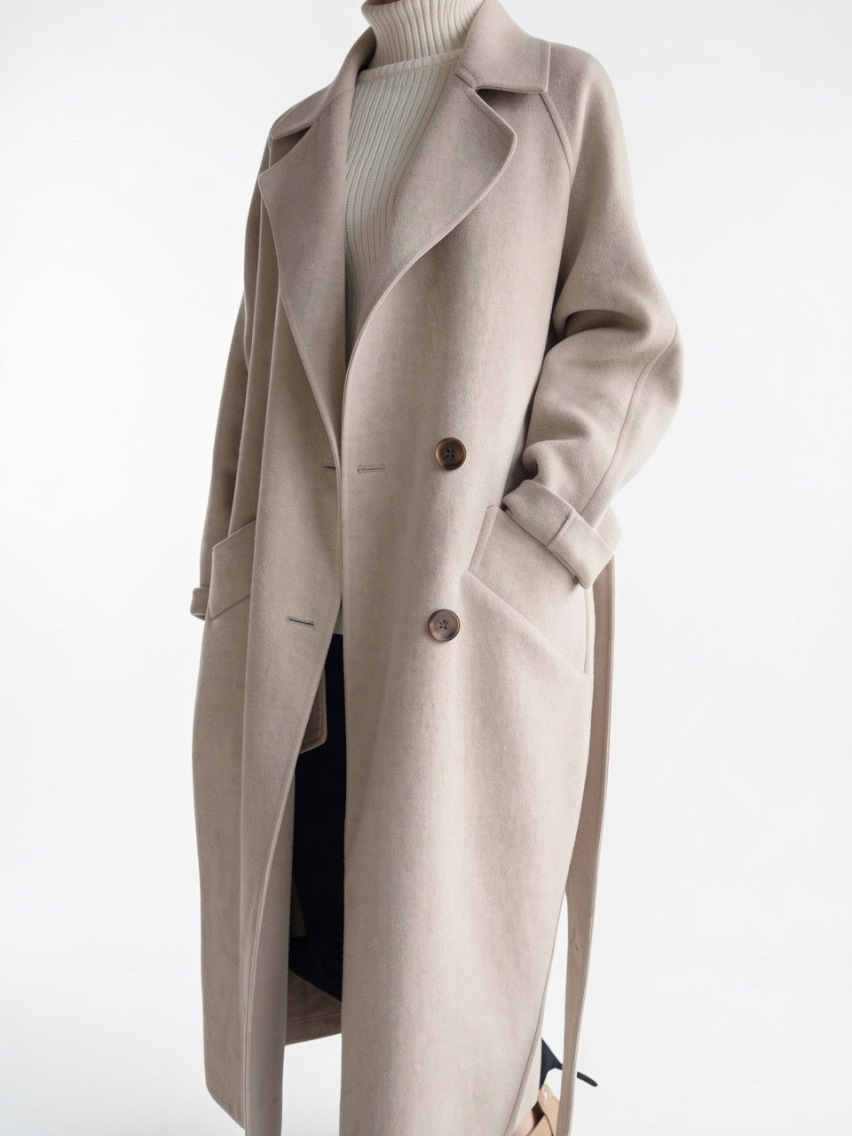 Manteau Femme Laine Long Hiver Col Cranté Ceinture - 4