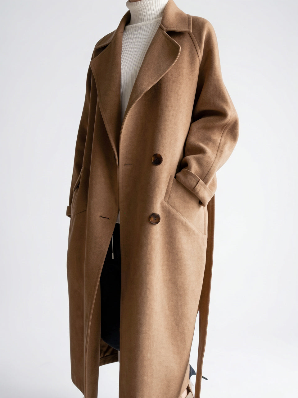 Manteau Femme Laine Long Hiver Col Cranté Ceinture - 5