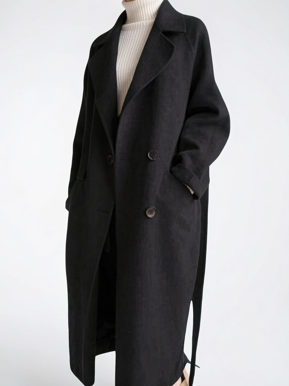 Manteau Femme Laine Long Hiver Col Cranté Ceinture - 6