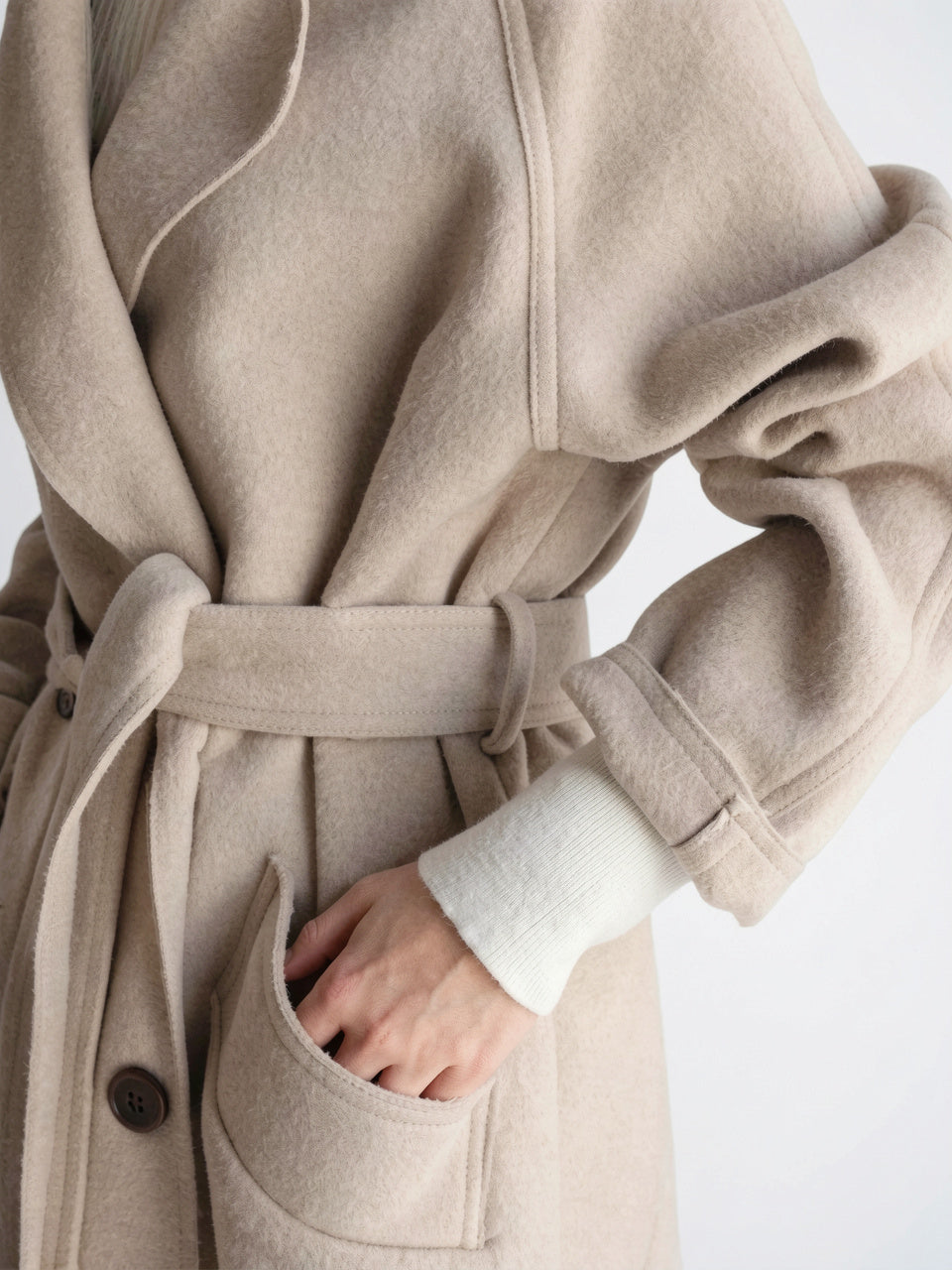 Manteau Femme Laine Long Hiver Col Cranté Ceinture - 7
