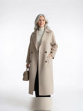 Manteau Femme Laine Long Hiver Col Cranté Ceinture - Beige S
