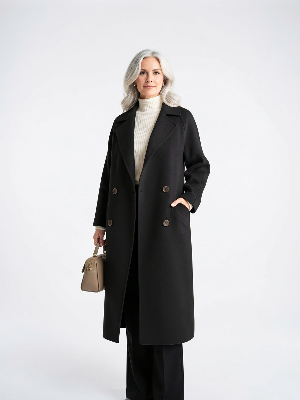 Manteau Femme Laine Long Hiver Col Cranté Ceinture - Noir S