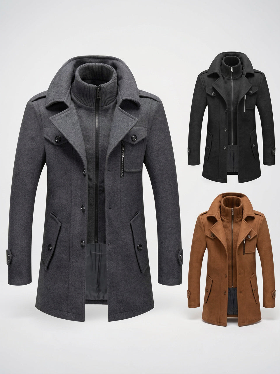 Manteau Hiver Deux Pièces Doublé Homme Long Montant - 5