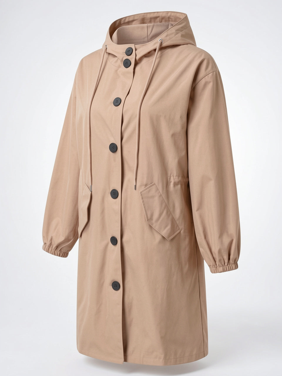 Manteau Long Imperméable Femme Trench Pluvier Poches Capuche - Beige S
