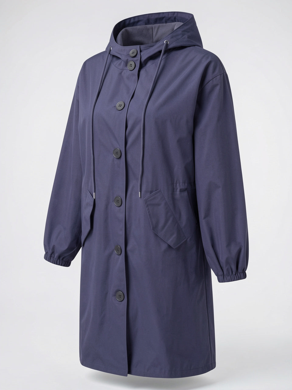 Manteau Long Imperméable Femme Trench Pluvier Poches Capuche - Bleu Marine S