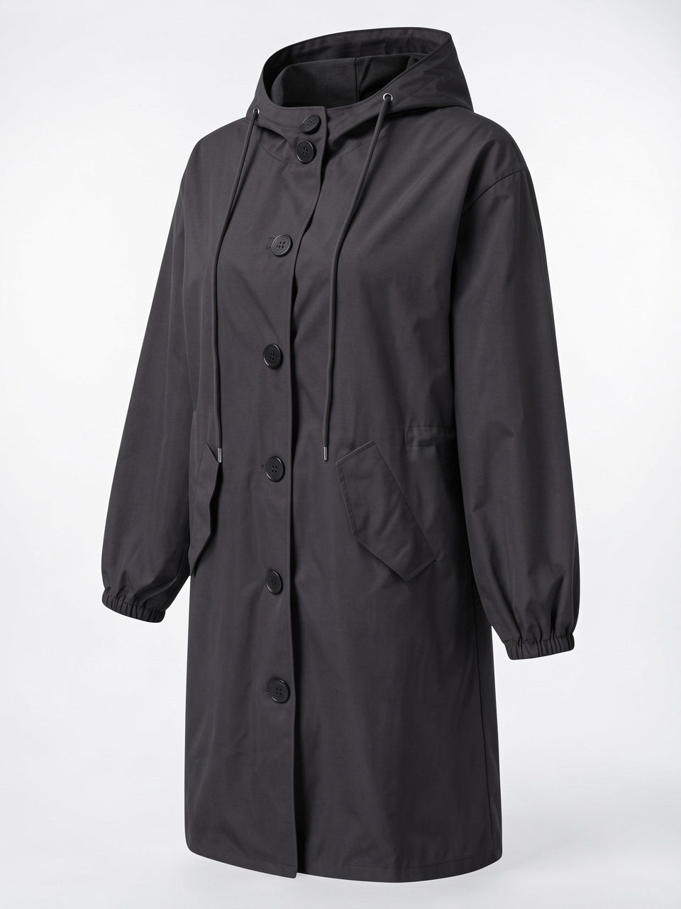 Manteau Long Imperméable Femme Trench Pluvier Poches Capuche - Noir S