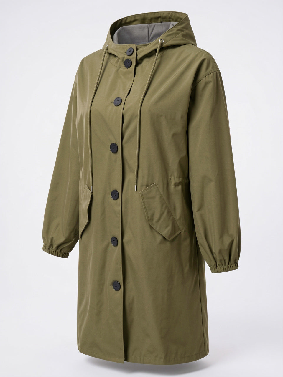 Manteau Long Imperméable Femme Trench Pluvier Poches Capuche - Vert Kaki S