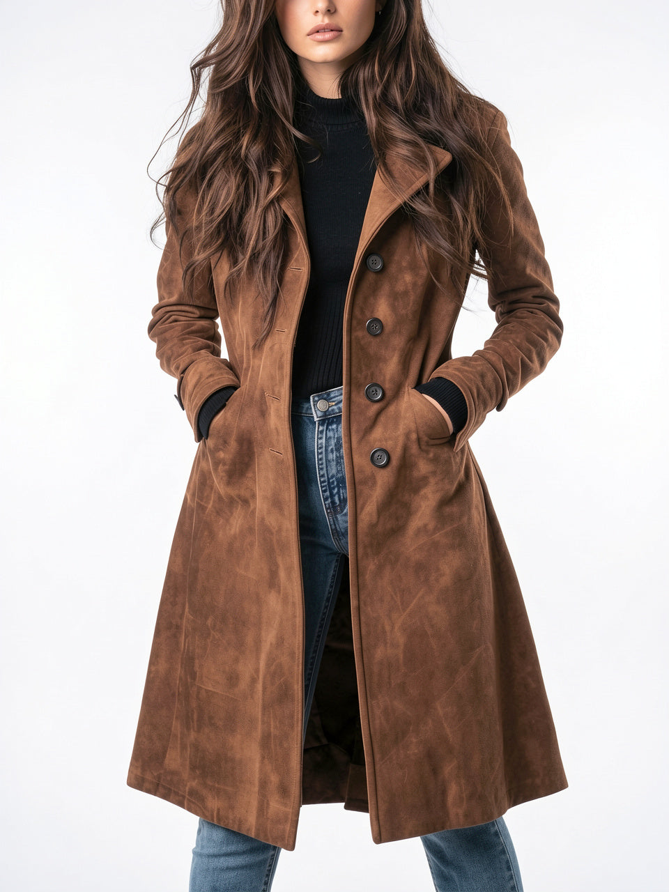 Manteau Trench en Suède Vintage Longue Femme Automne - Marron S