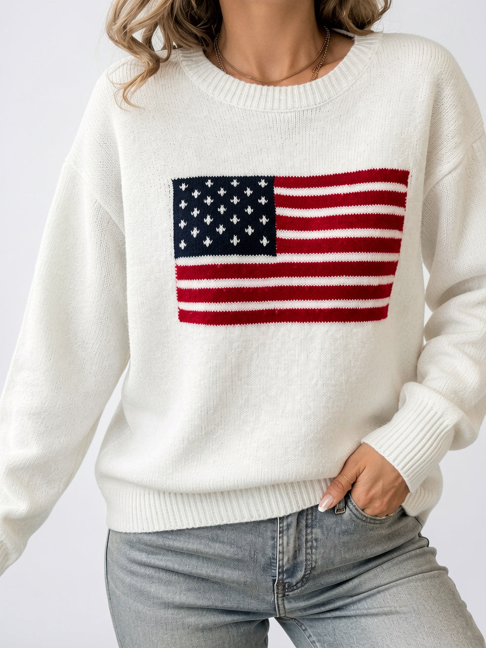 Pull Drapeau Femme Col Rond - Blanc XS