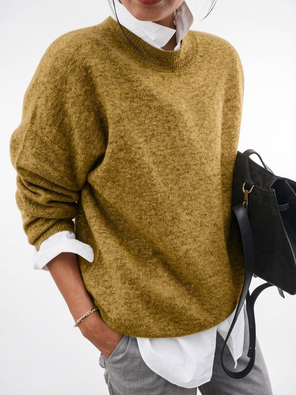 Pull Femme Ample Cachemire Automne Tricot Confortable Doux - Kaki S