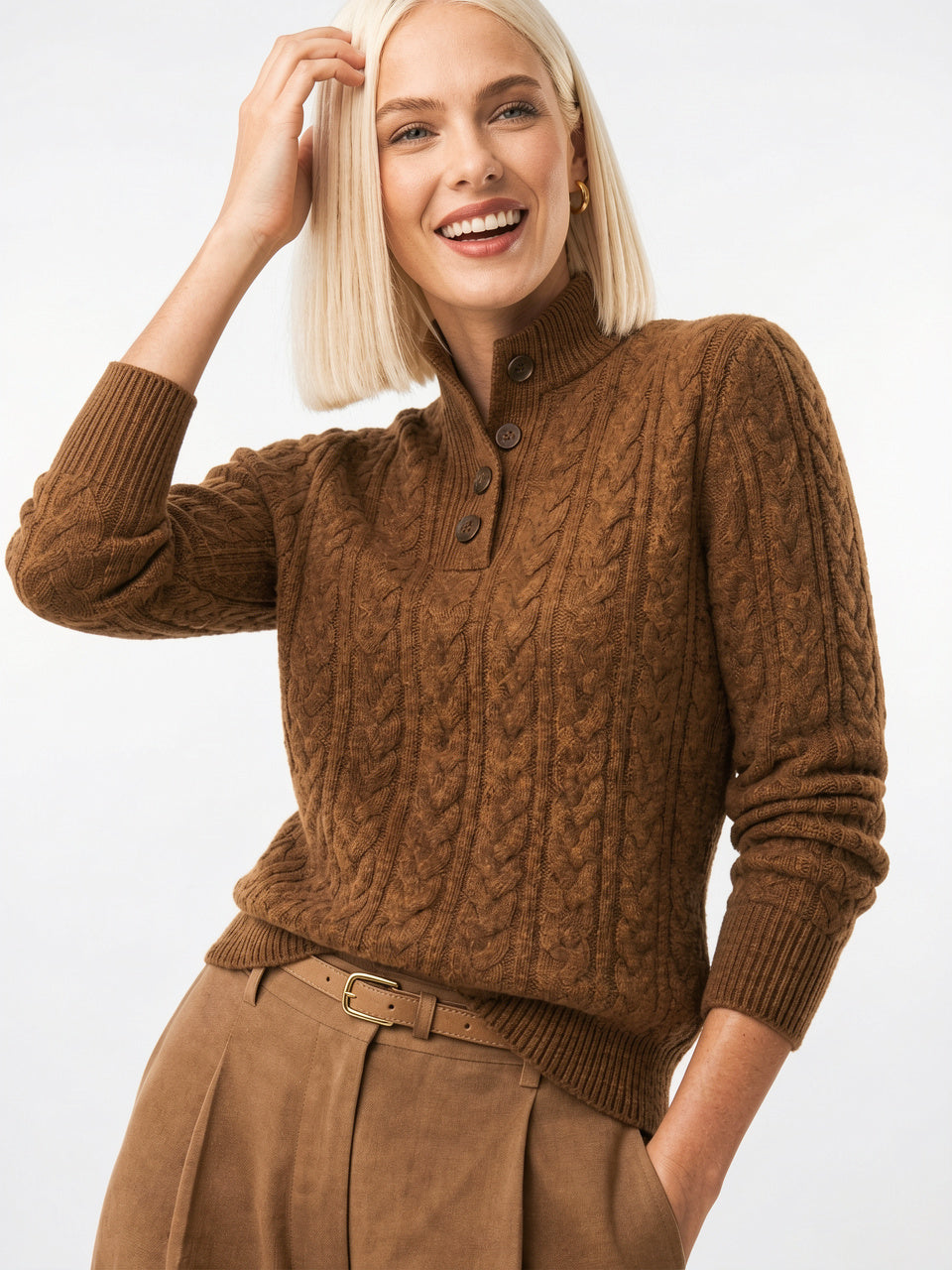 Pull Femme Cachemire Boutonné Col Tricot - 1