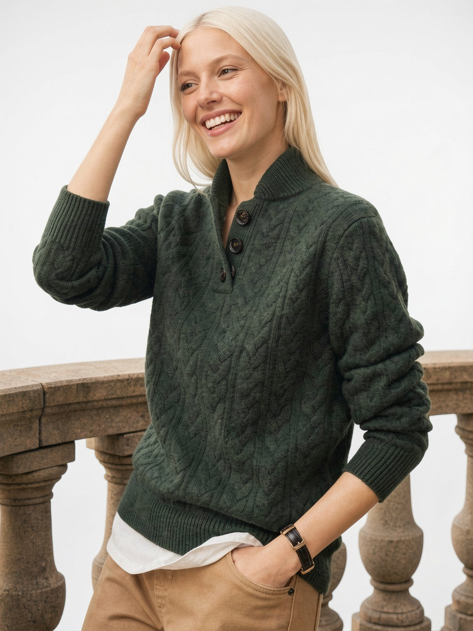 Pull Femme Cachemire Boutonné Col Tricot - 12