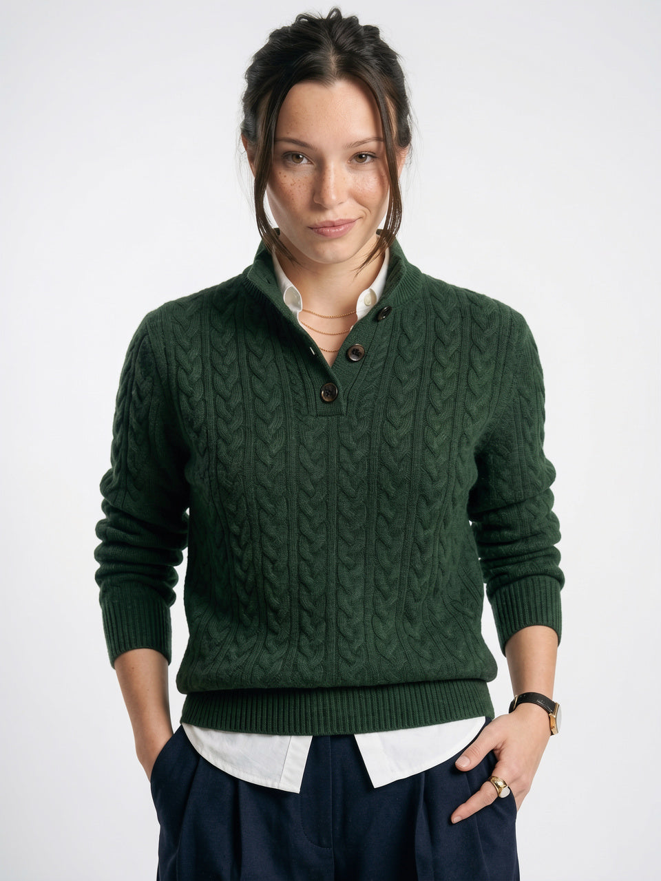 Pull Femme Cachemire Boutonné Col Tricot - 16