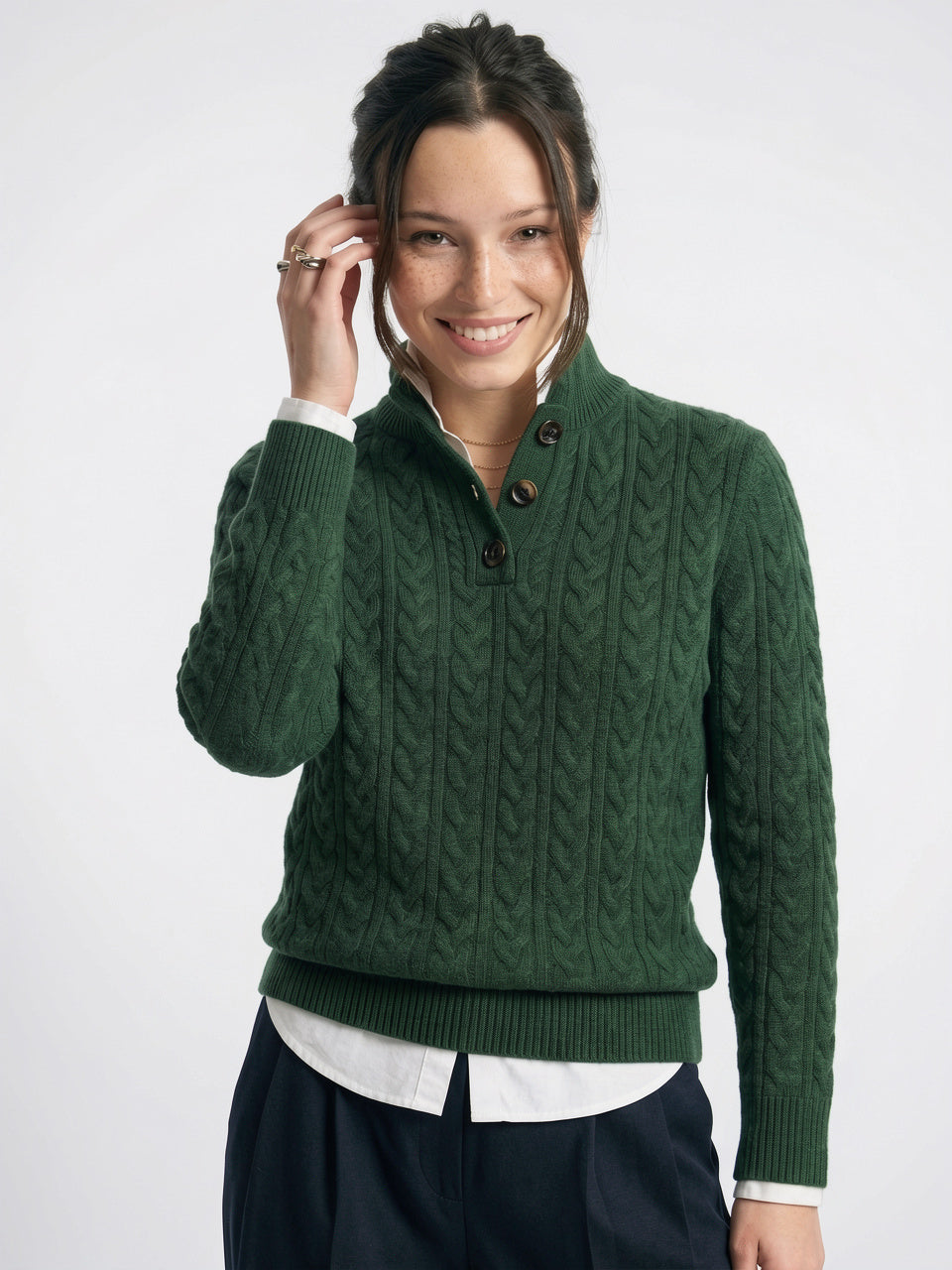 Pull Femme Cachemire Boutonné Col Tricot - 17
