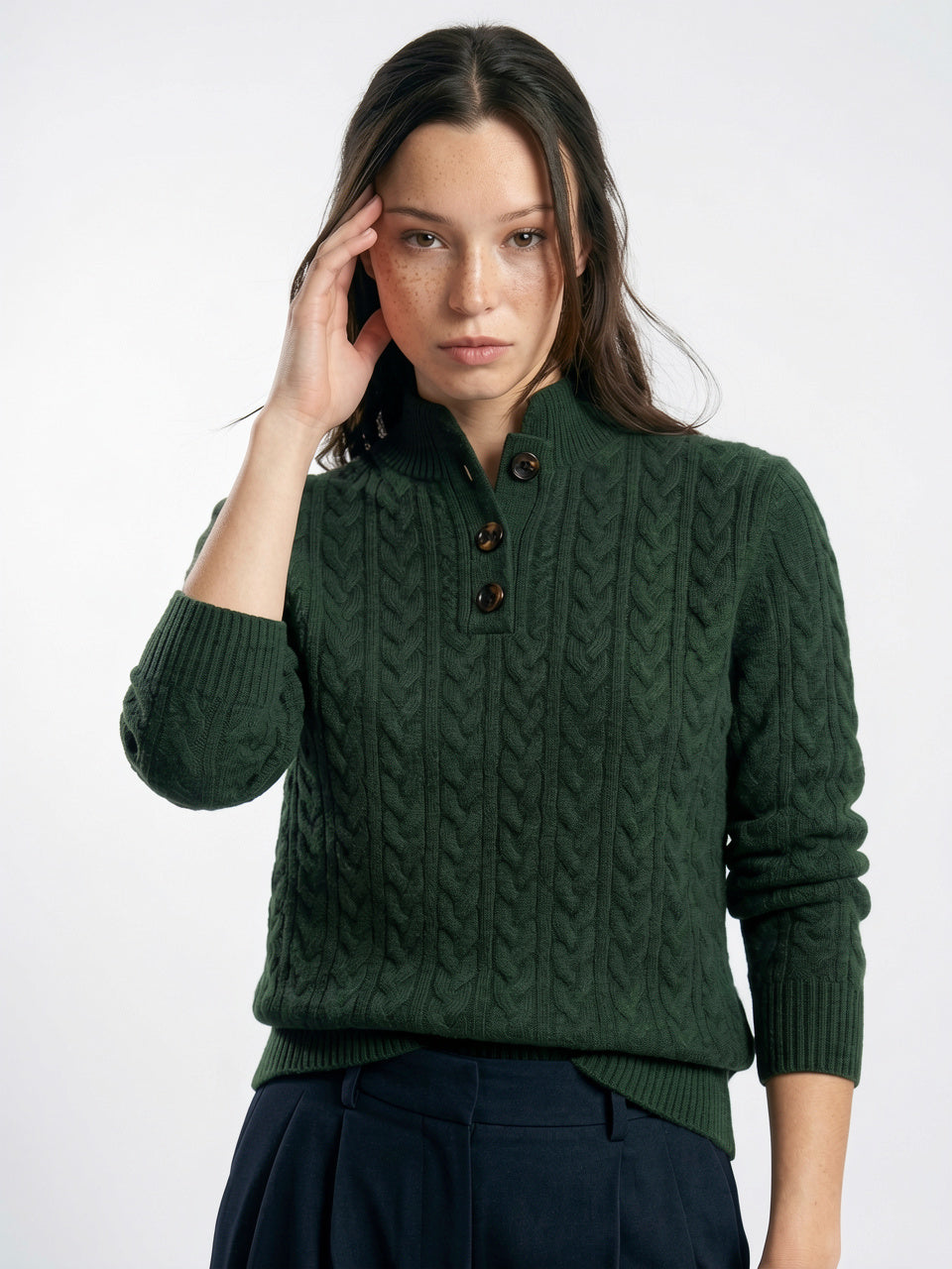 Pull Femme Cachemire Boutonné Col Tricot - 18