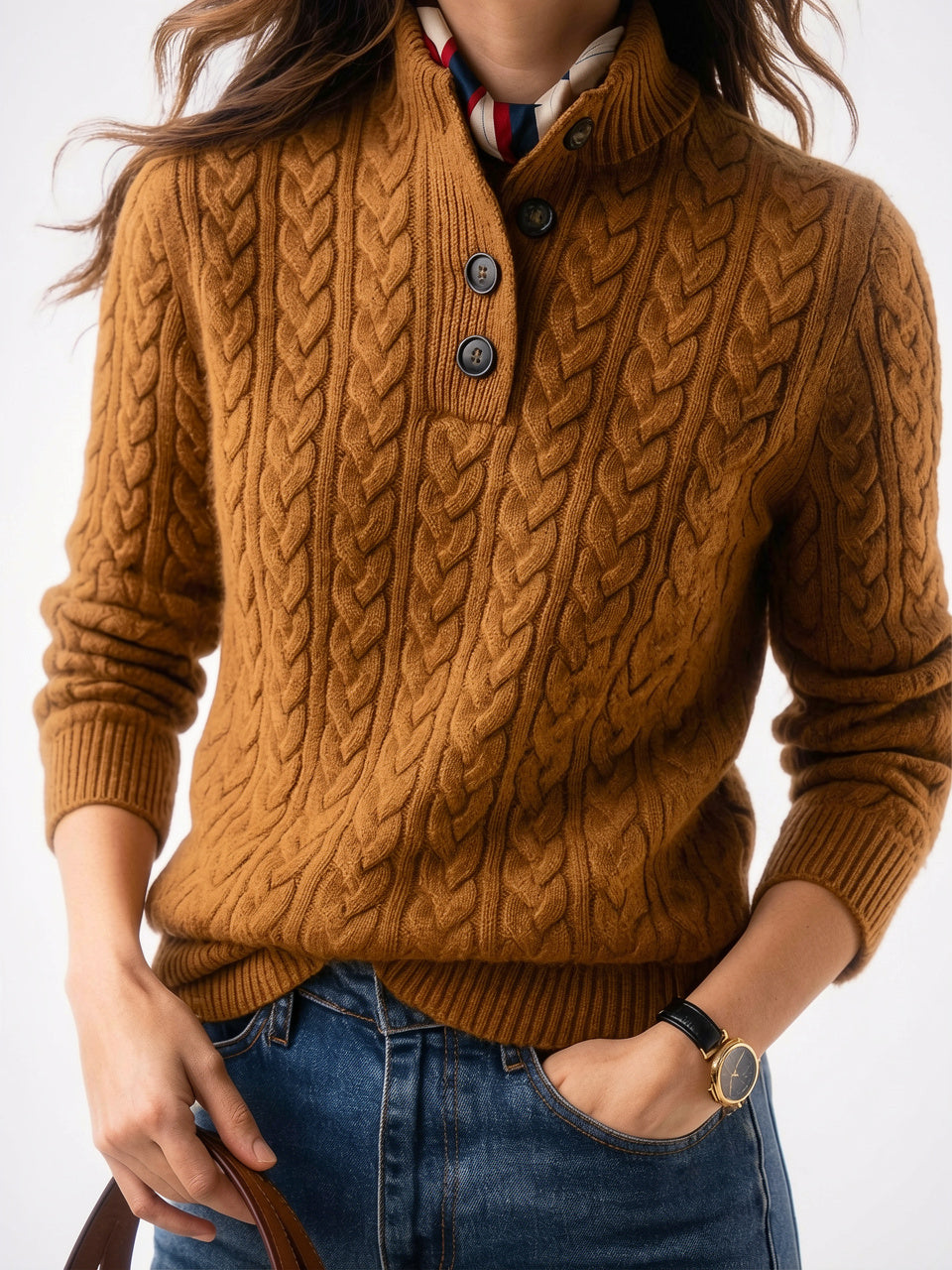 Pull Femme Cachemire Boutonné Col Tricot - 24
