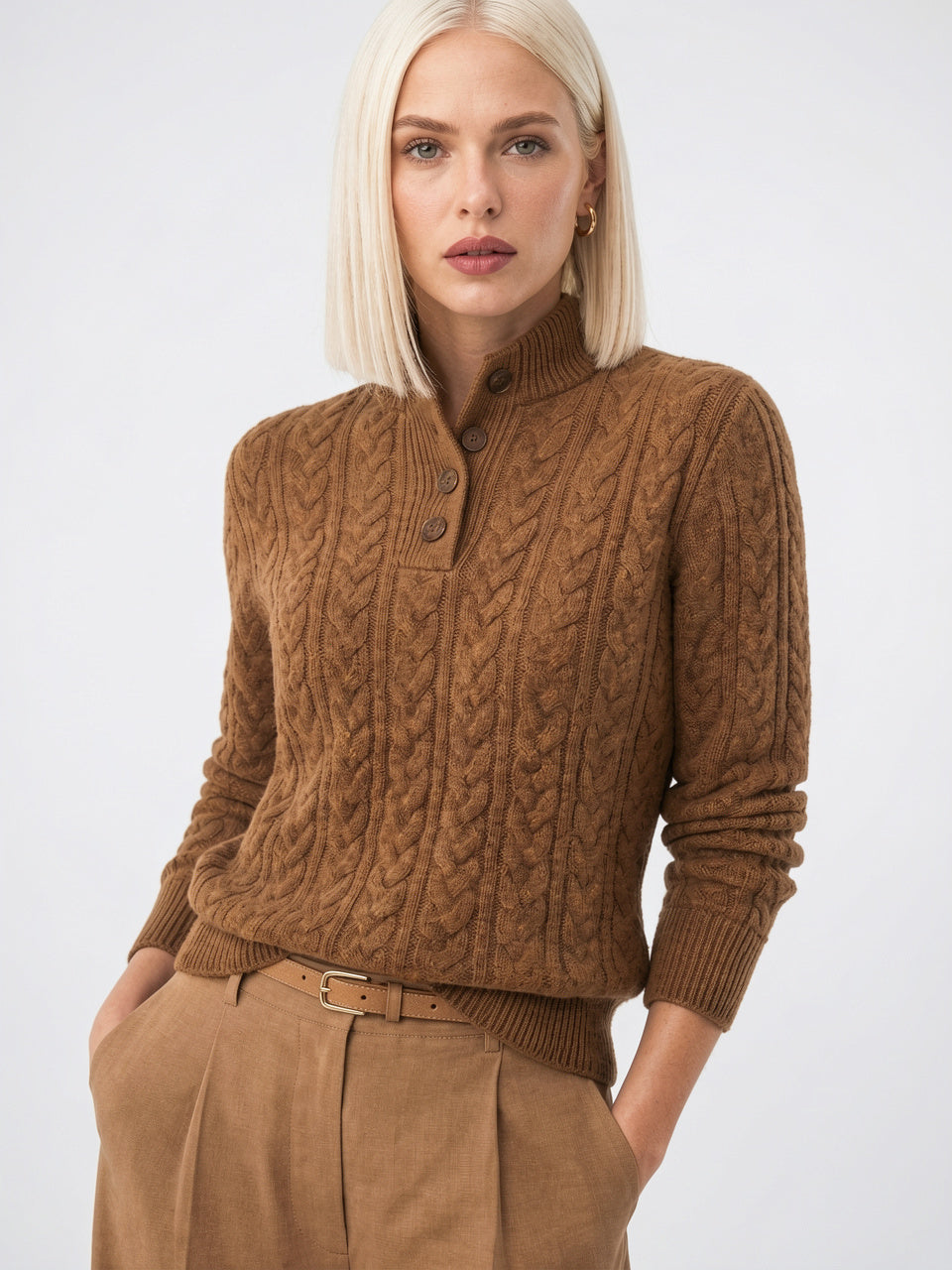 Pull Femme Cachemire Boutonné Col Tricot - 3