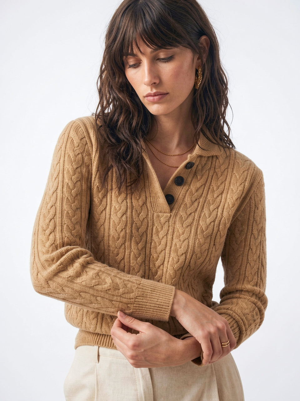 Pull Femme Cachemire Boutonné Col Tricot - Kaki XS