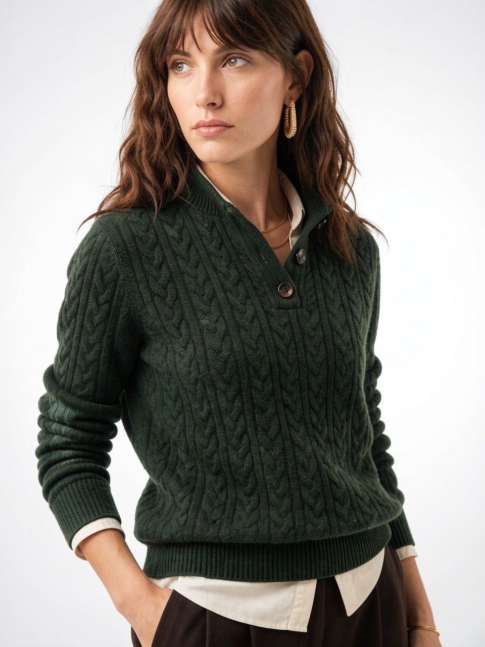 Pull Femme Cachemire Boutonné Col Tricot - Olive XS