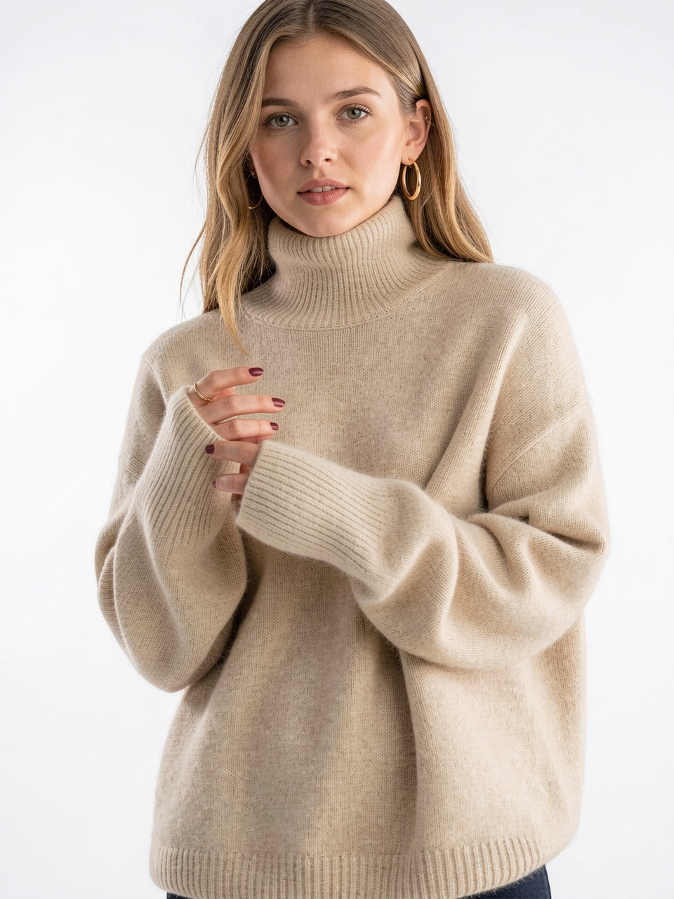 Pull Femme Cachemire Col Roulé Oversize Maille Tricot - Beige XS