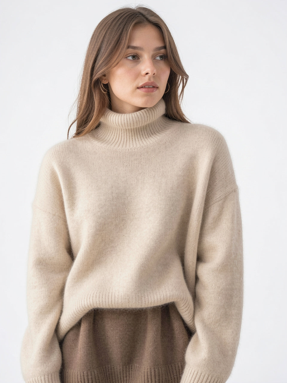 Pull Femme Cachemire Col Roulé Oversize Maille Tricot - Kaki XS